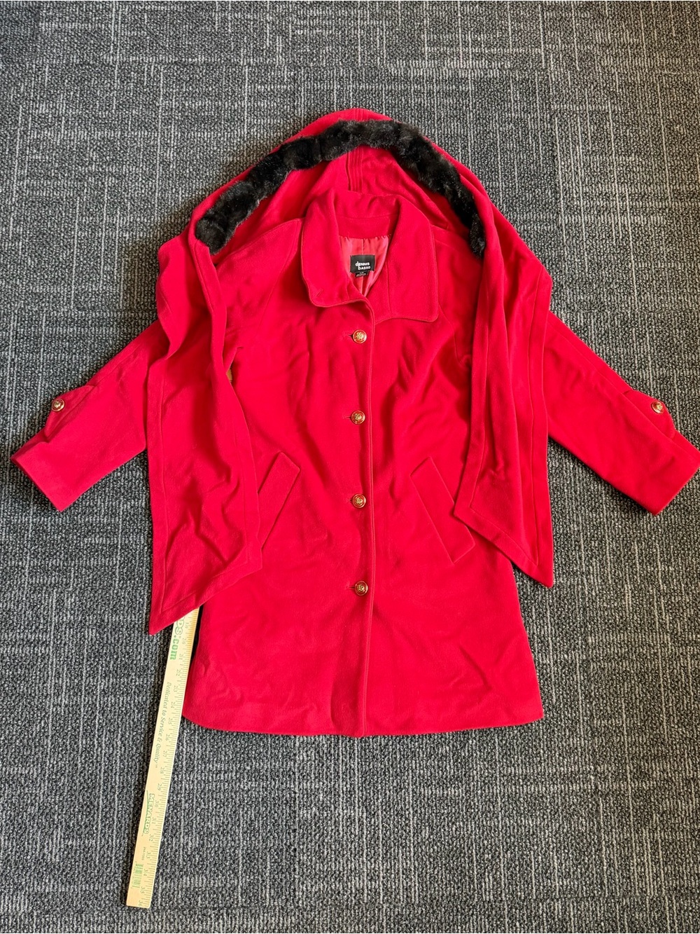 Vintage Dennis Basso Red Wool Cashmere Coat Fur Trim Hood Scarf XS